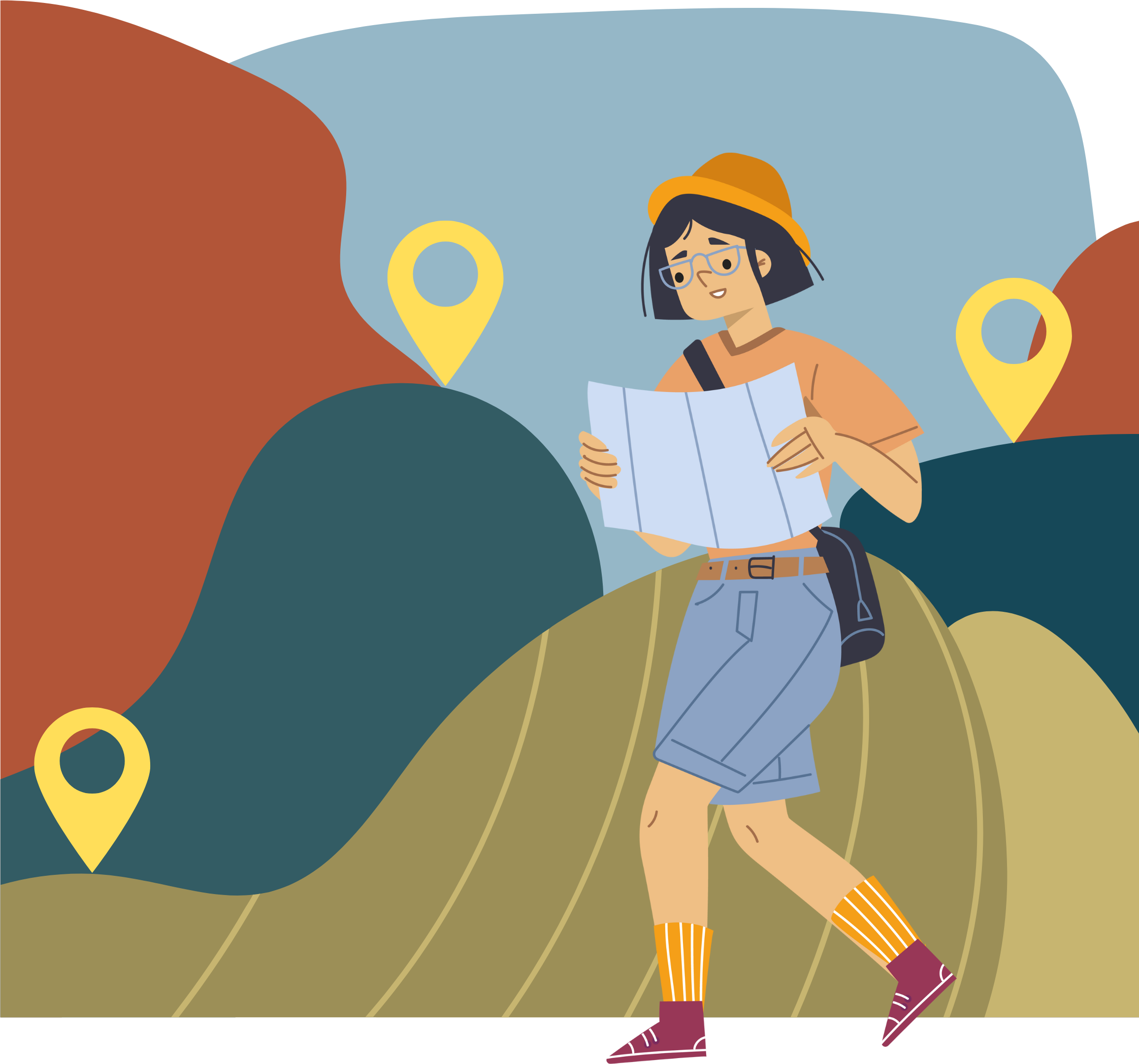 A colorful illustration of a woman following a map through an abstract landscape dotted with map markers.