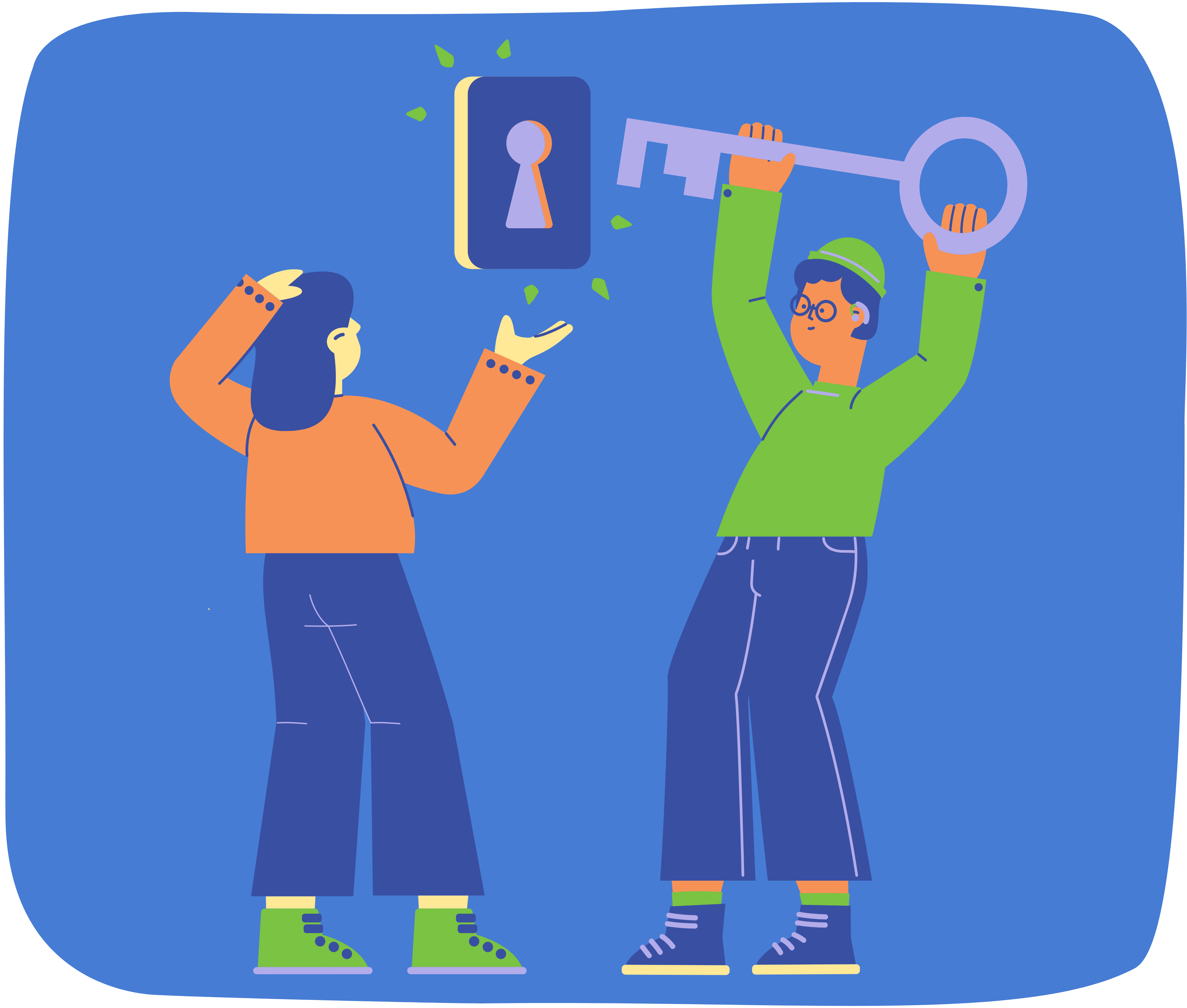 A colorful illustration of a person holding up a large key to a lock while their friend watches on.