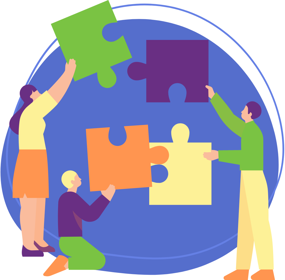 A colorful illustration of three people working together to complete a jigsaw puzzle..