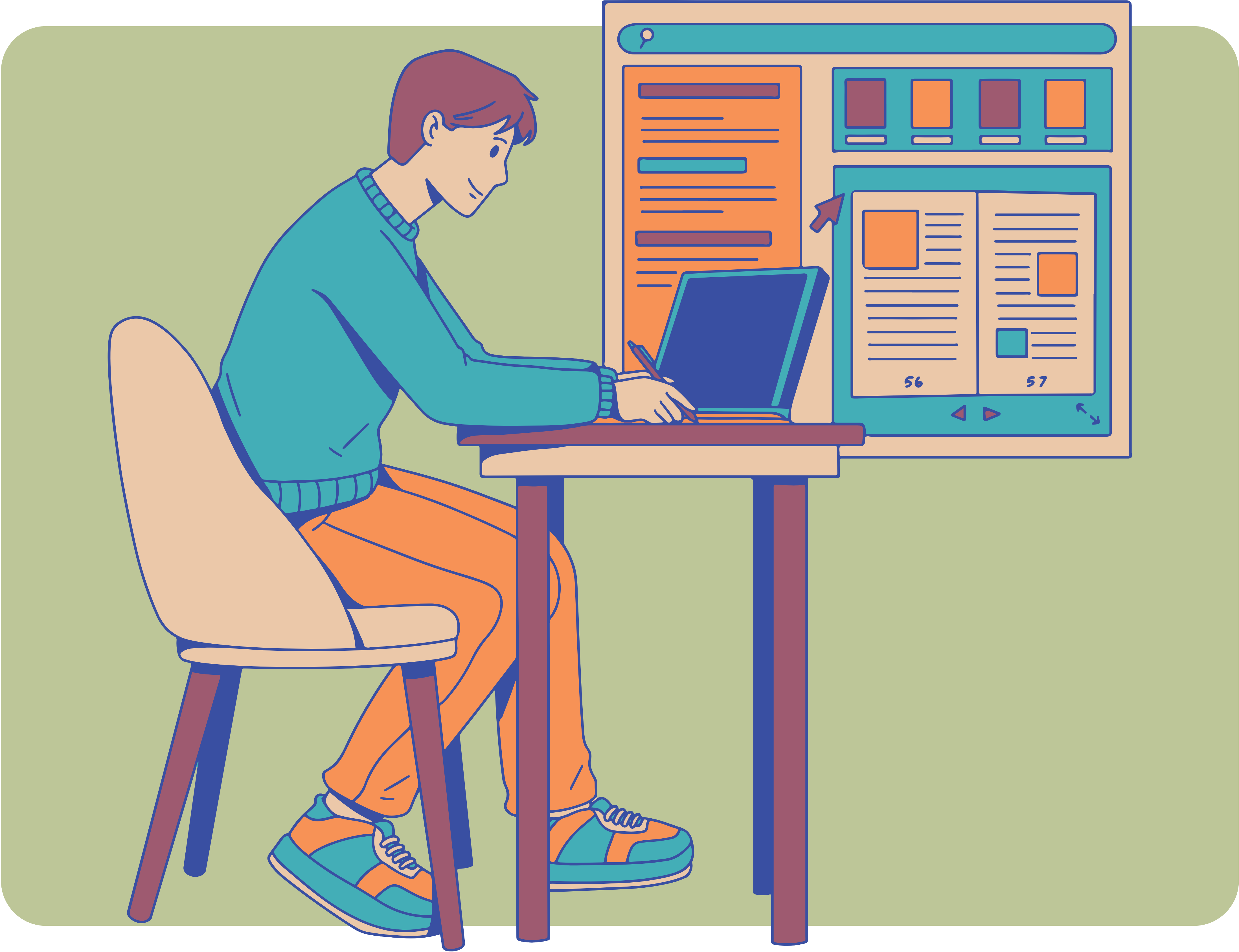 A colorful illustration of a student studying with their laptop.