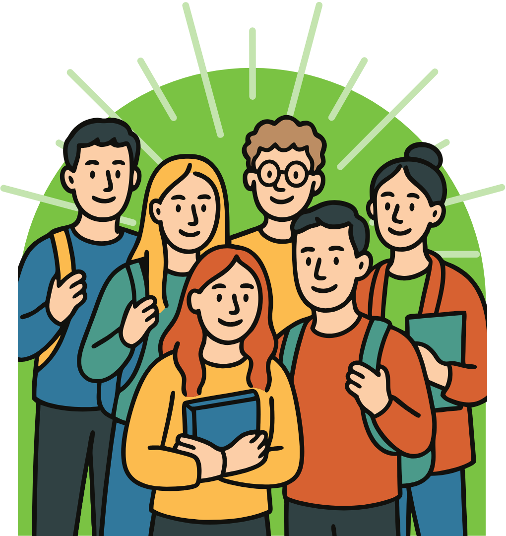 A colorful illustration of high school age students eagerly gathered together.