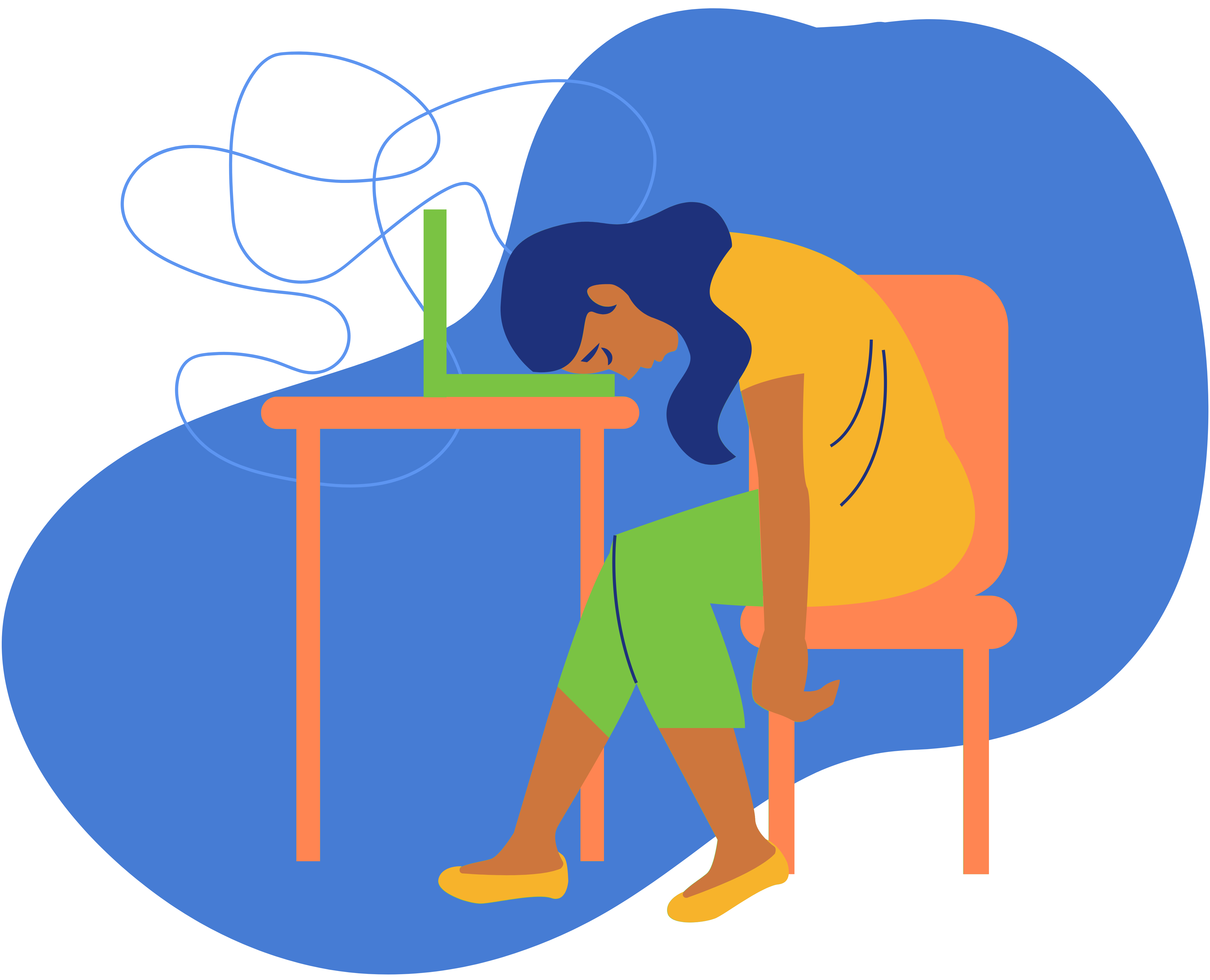 A colorful illustration of a woman laying her head down on her laptop in exhaustion. She looks defeated.
