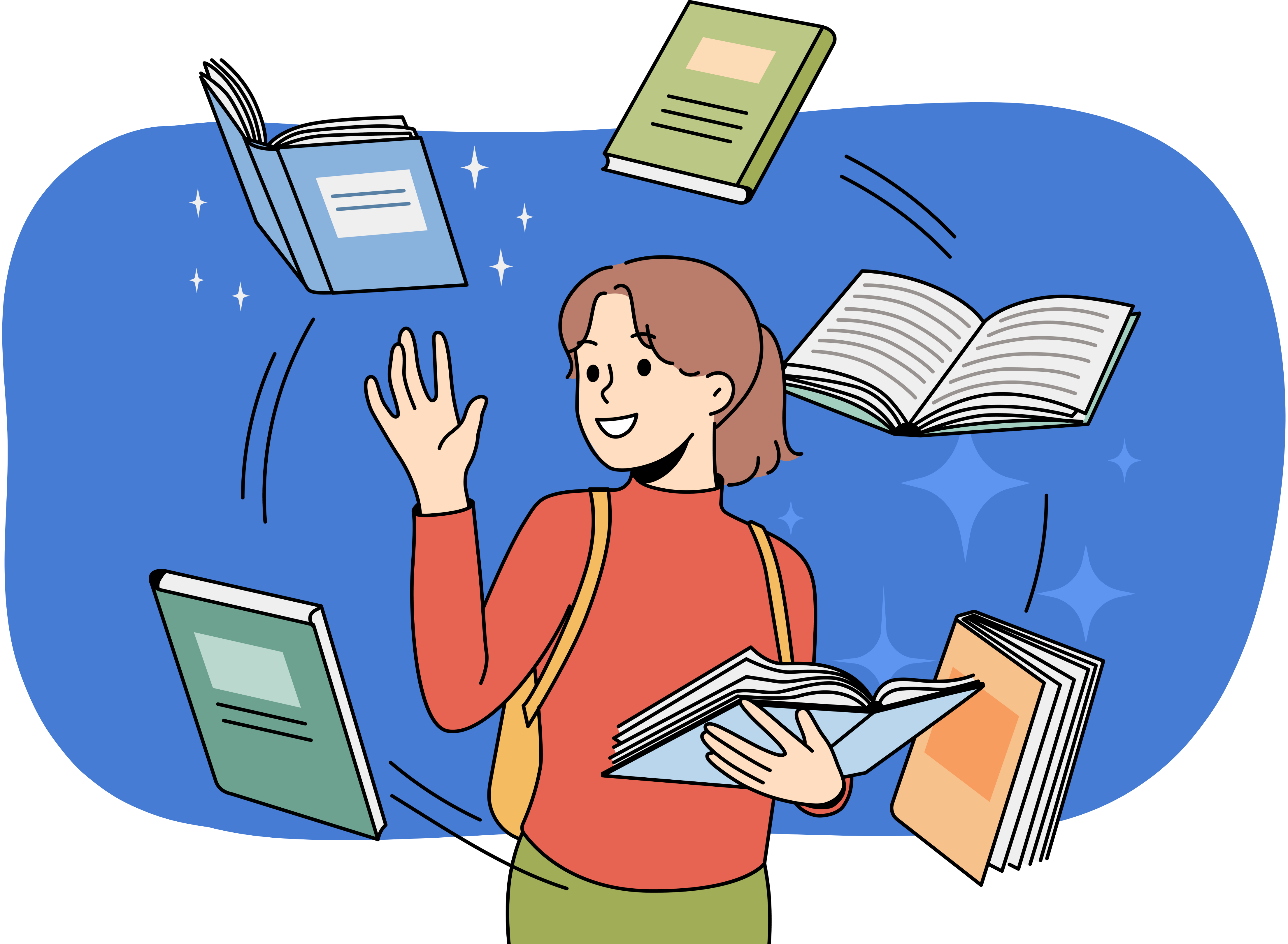 A colorful illustration of a feminine student with books. The student holding an open book in one hand while raising their hand towards another floating beside them. Four other books circle them.