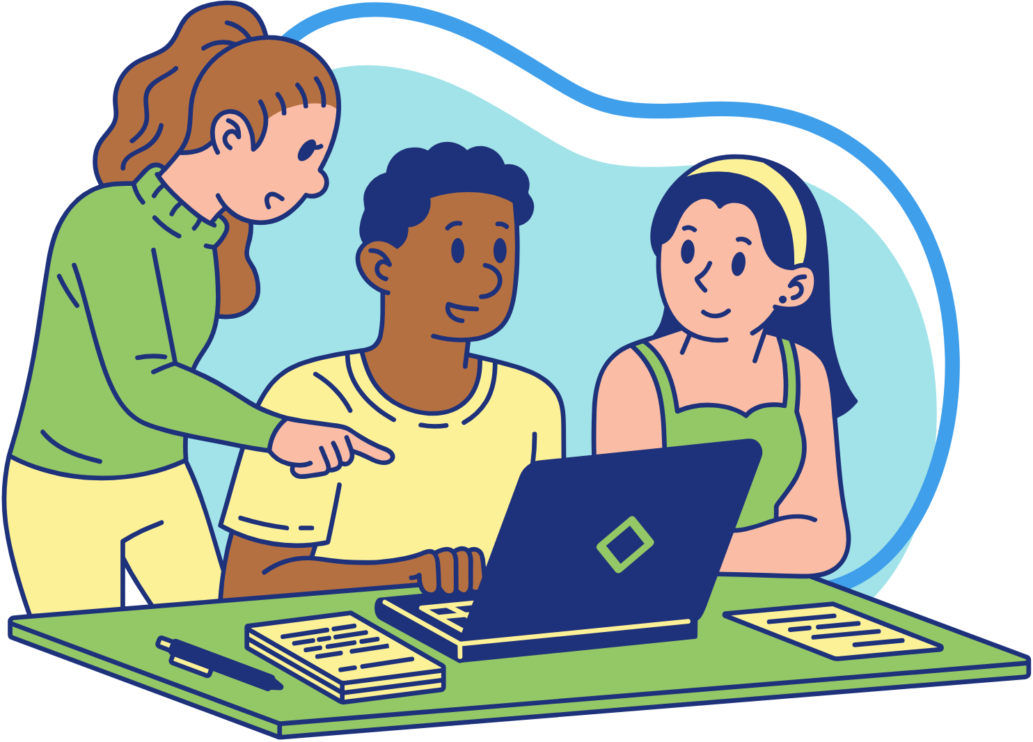 A colorful illustration of three students gathered around a laptop as they enthusiastically study together.
