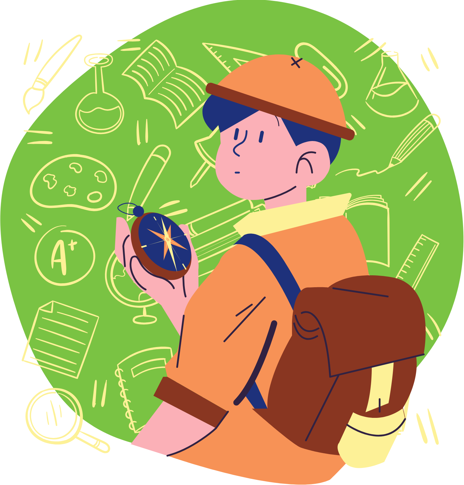 A colorful illustration of a young adolescent surrounded by school-related doodles. They are looking up from the compass that guides them.
